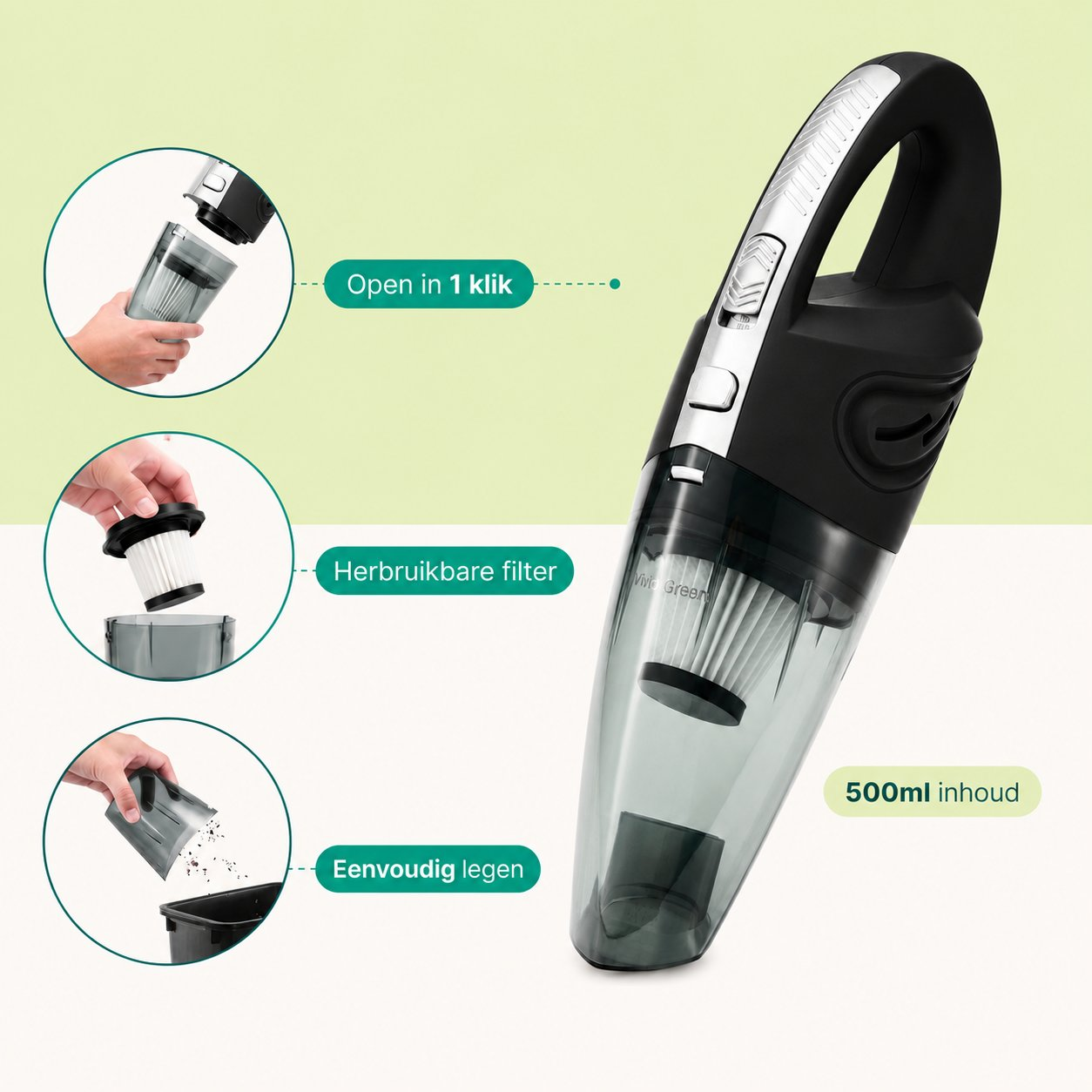 Black handheld vacuum with empty dustbin and filter. Three circles on the left.