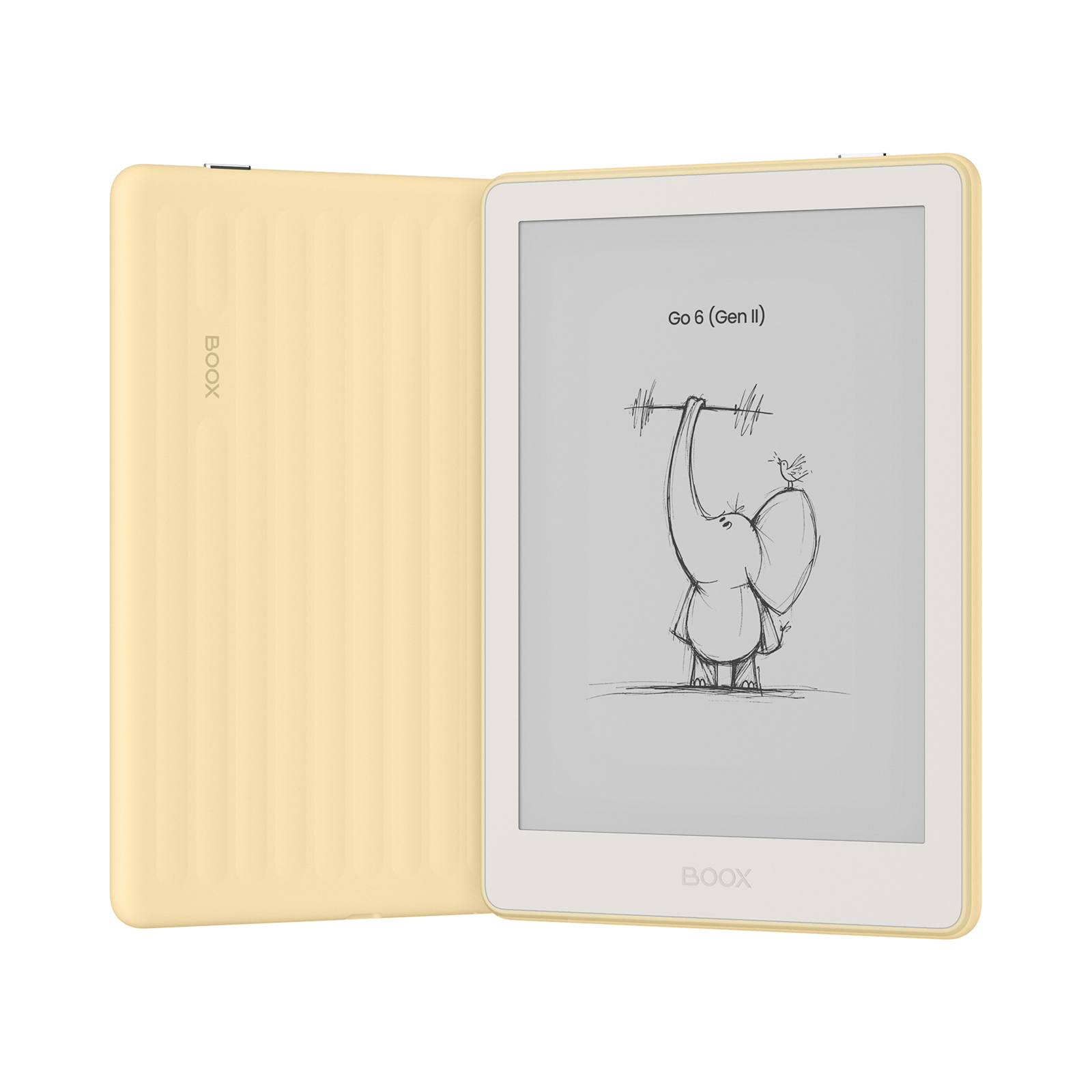 Ein gelbes E-Book mit einem Elefanten-Sketch, der Gewichte hebt.