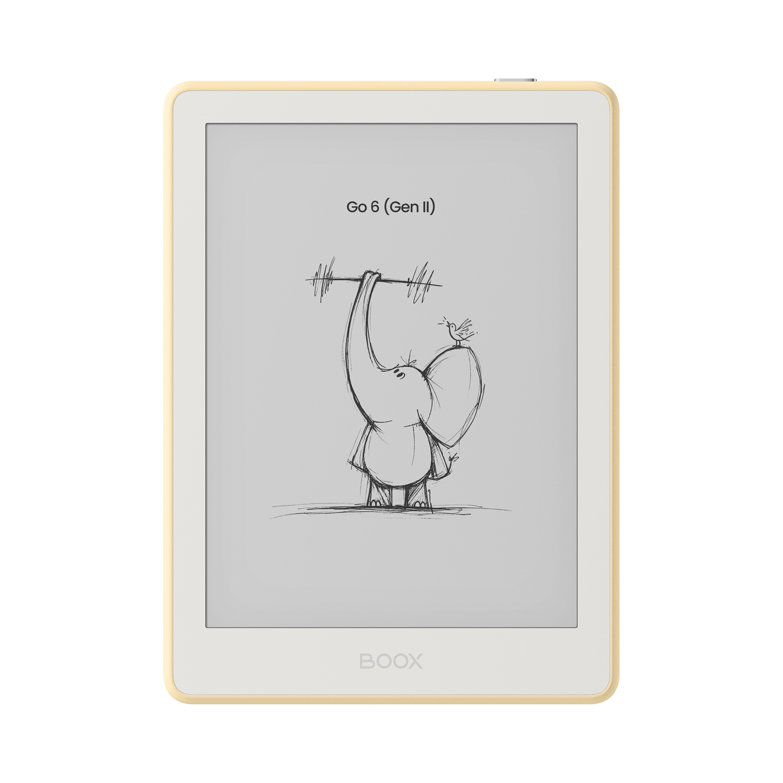 Ein E-Reader mit einem Elefanten, der eine Hantel hebt, und einem Vogel.