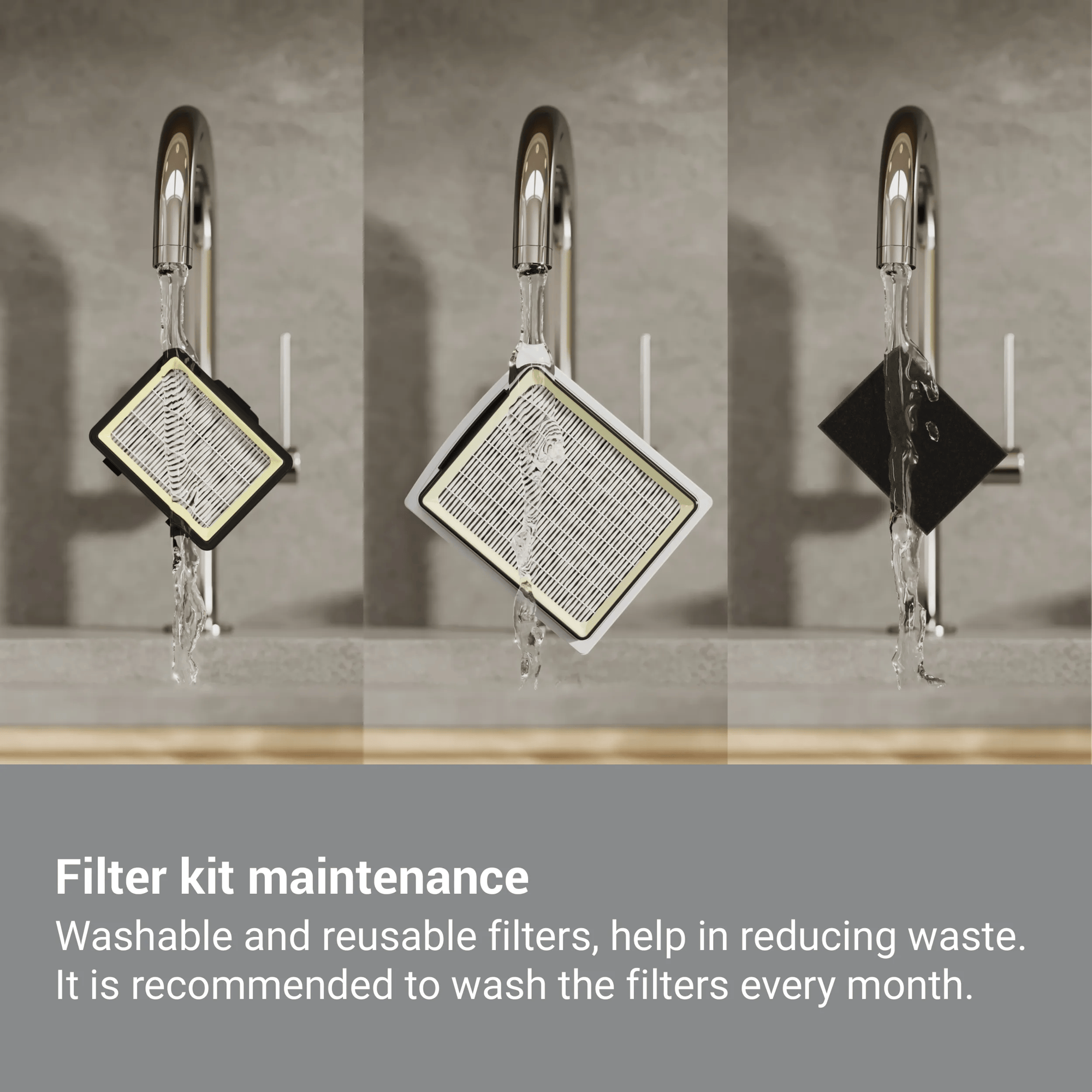 Drie filters worden schoongemaakt onder stromend water.