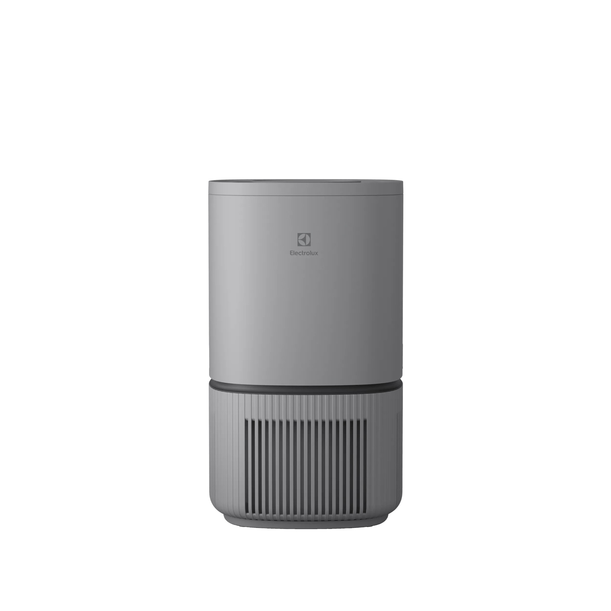 Purificatore d'aria cilindrico grigio con prese d'aria in basso e logo in alto.