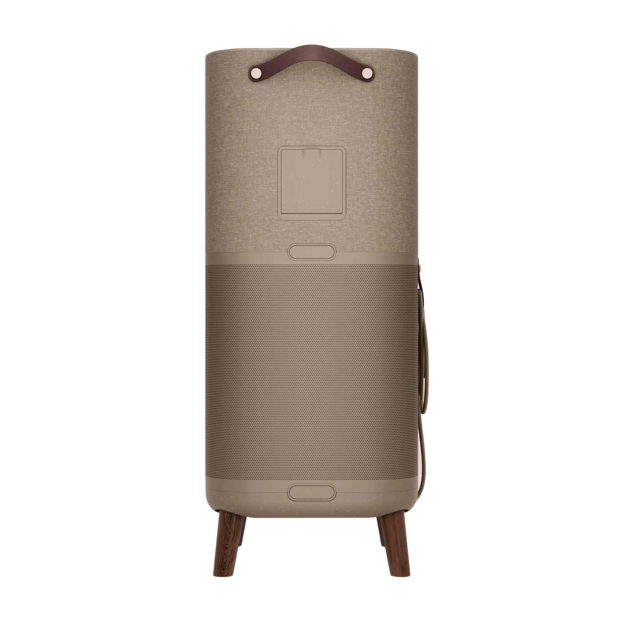 Un purificatore d'aria in tessuto beige con manico in pelle e gambe in legno.