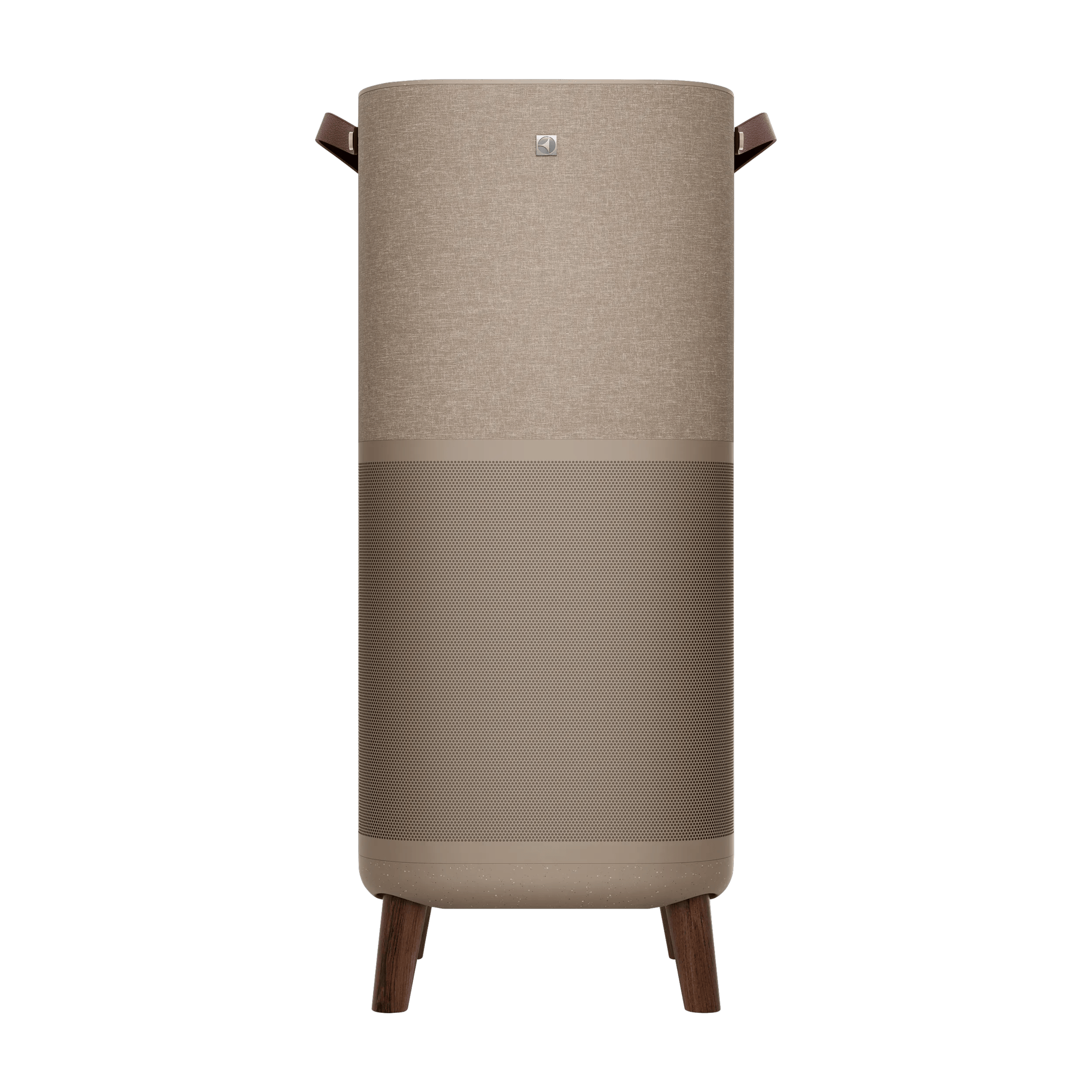 Un purificatore d'aria beige in tessuto con manici in pelle e gambe in legno.