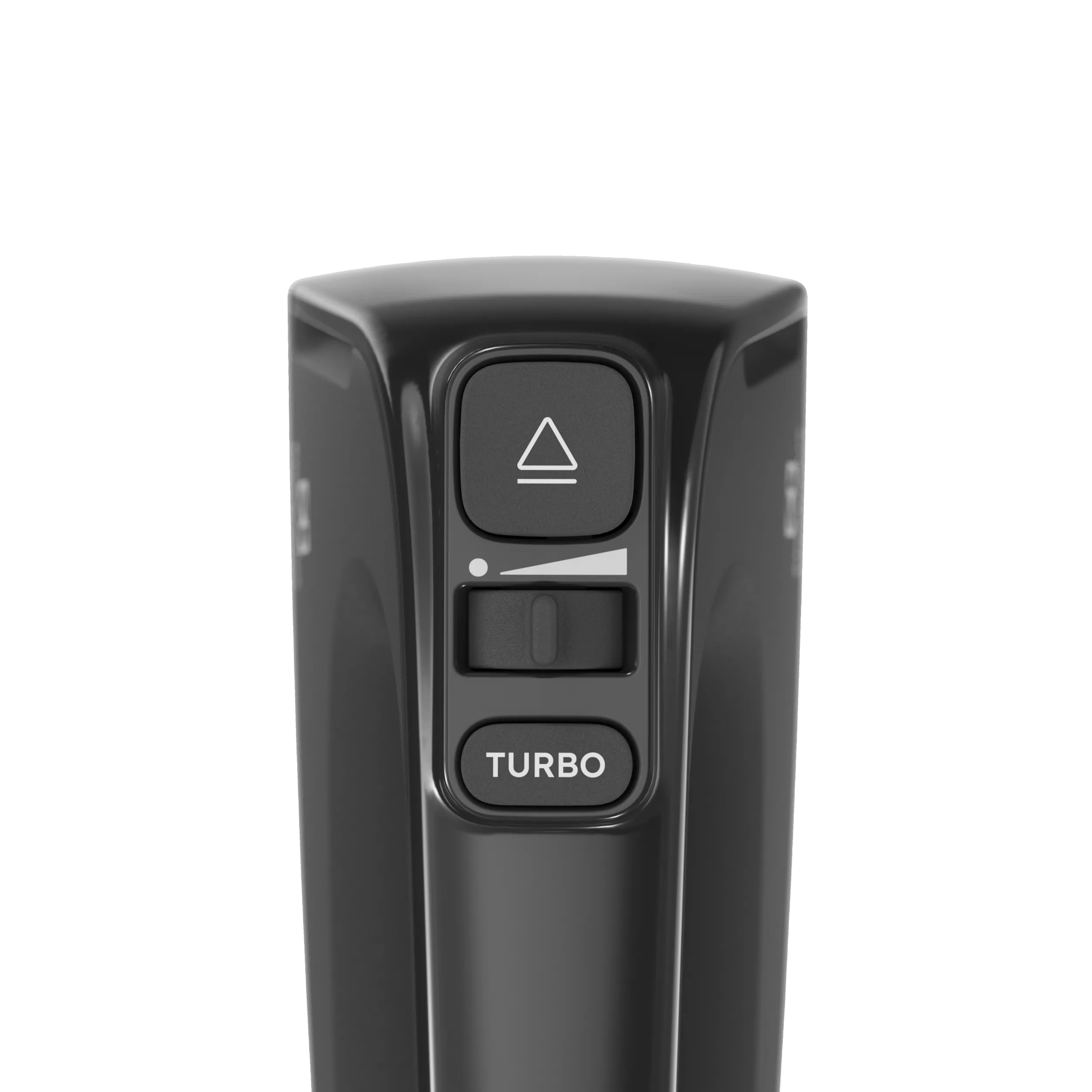 Manico grigio con pulsanti: accensione, indicatore velocità e turbo.