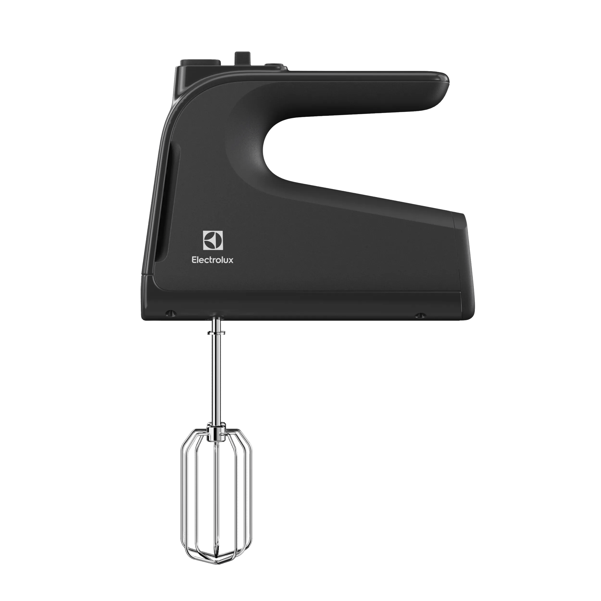 Sbattitore elettrico nero Electrolux con fruste argentate su sfondo bianco.
