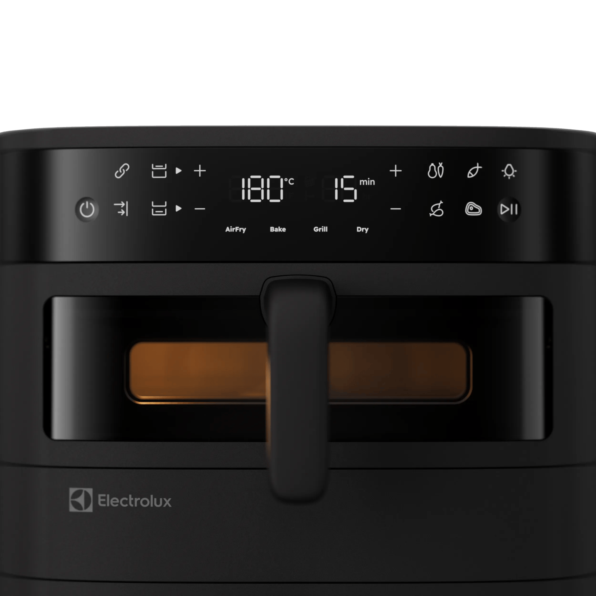 Friggitrice ad aria Electrolux nera con display digitale che mostra 180°C e 15 min.
