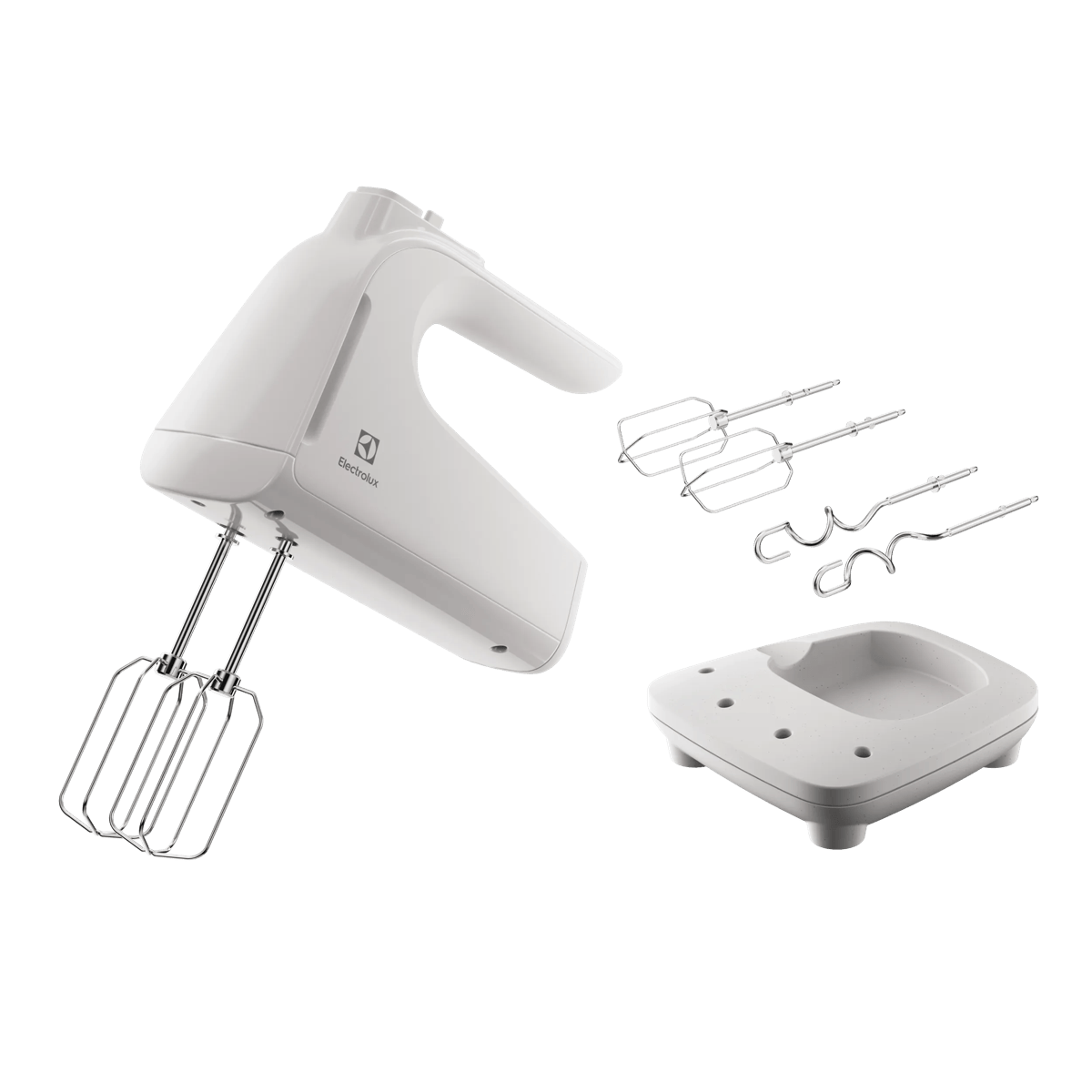 Un'impastatrice a mano Electrolux bianca con fruste e ganci per impastare, e base.