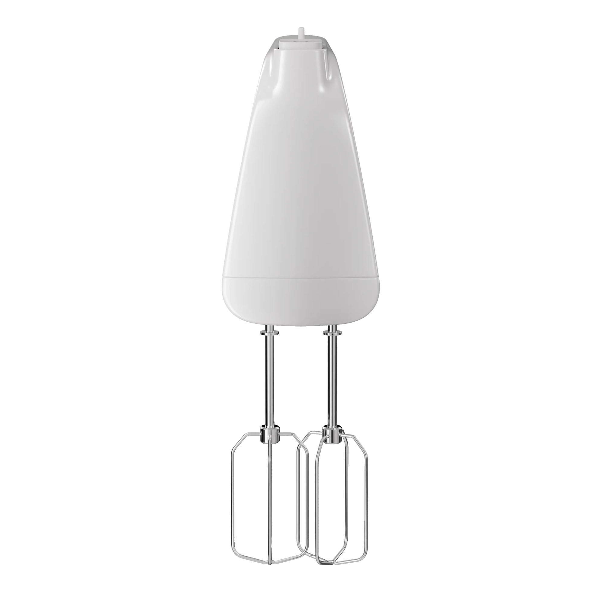 Un frullatore a mano bianco con due fruste cromate su sfondo bianco.