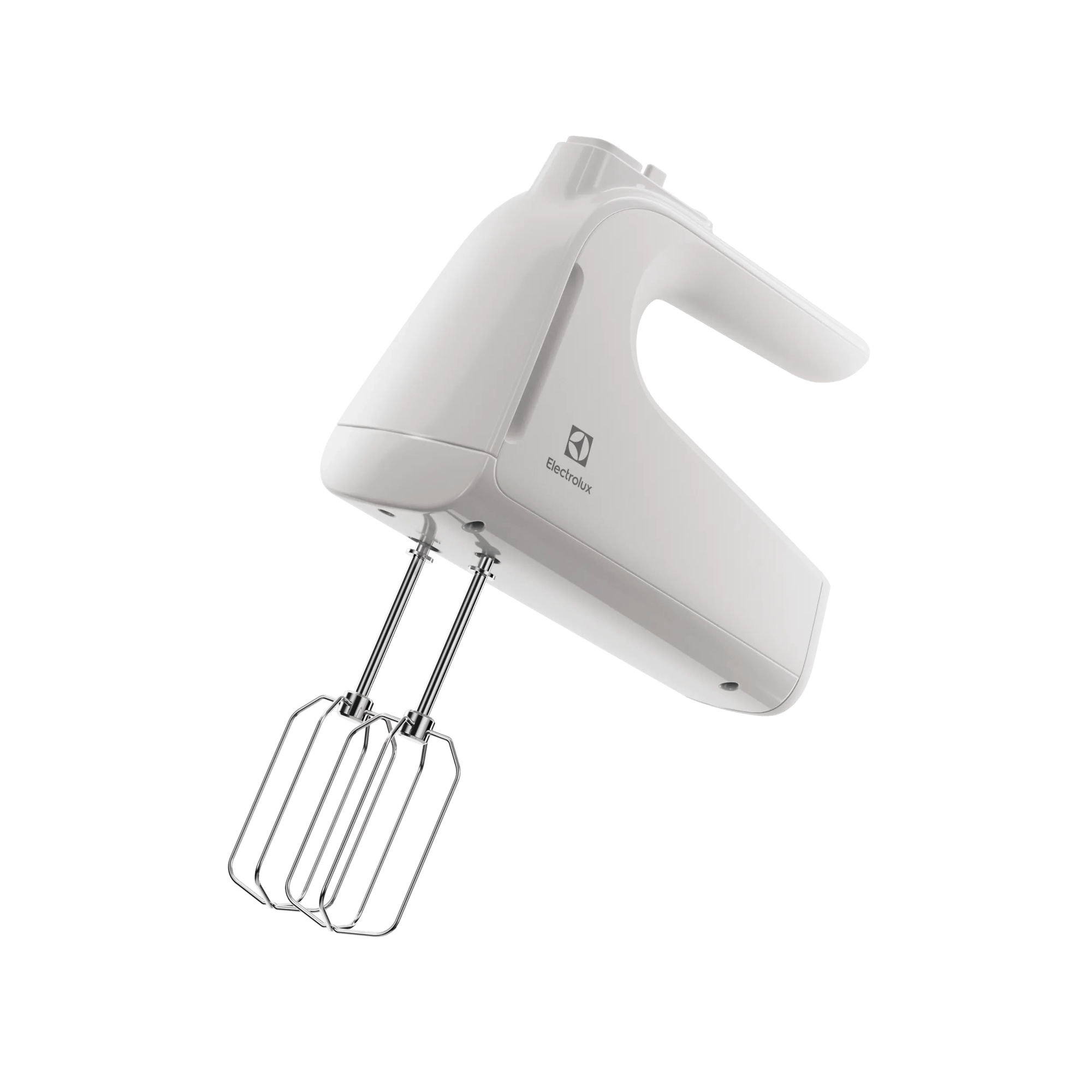 Un frullatore a mano Electrolux bianco con fruste argentate su sfondo bianco.