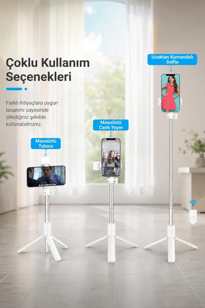 Akıllı telefon tutan üç beyaz selfie çubuğu, farklı kullanım seçeneklerini gösteriyor.