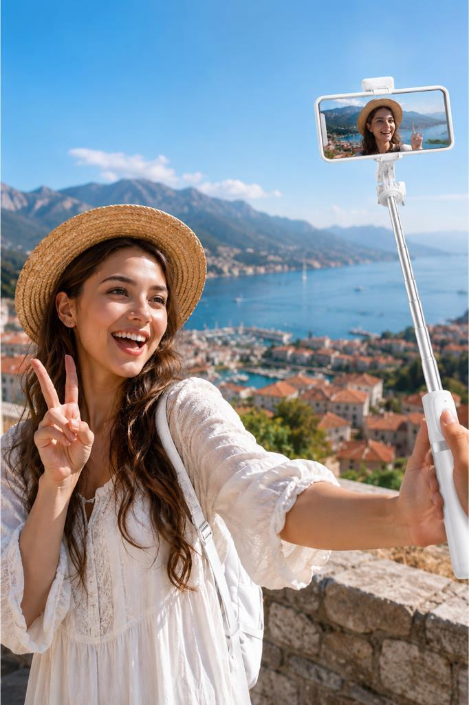 Hasır şapkalı kadın selfie çubuğunda telefonla selfie çekiyor, manzaralı sahil.