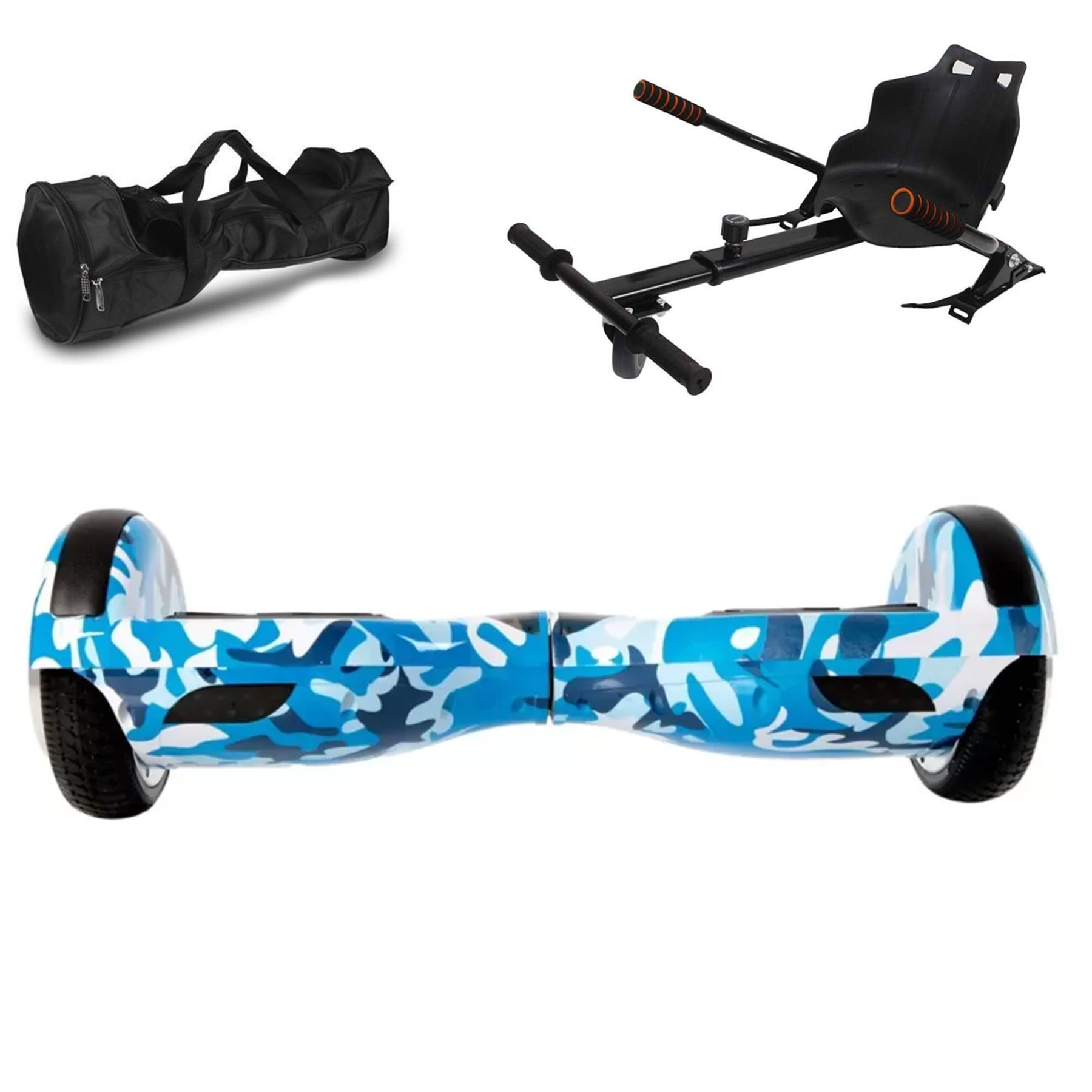 Mavi kamuflaj hoverboard, siyah hoverboard koltuk aparatı ve siyah çanta.