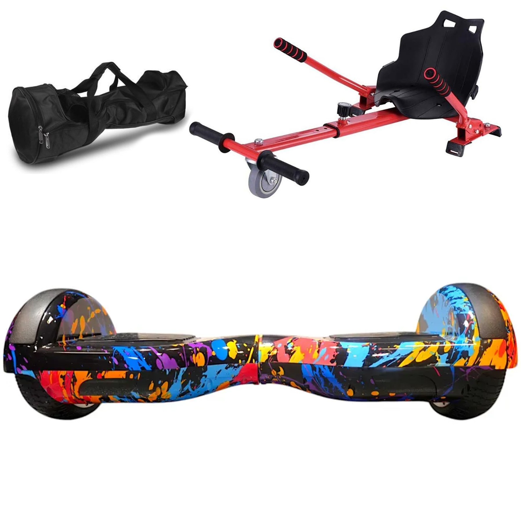 Renkli sıçramalı hoverboard, çanta ve koltuk aparatı.
