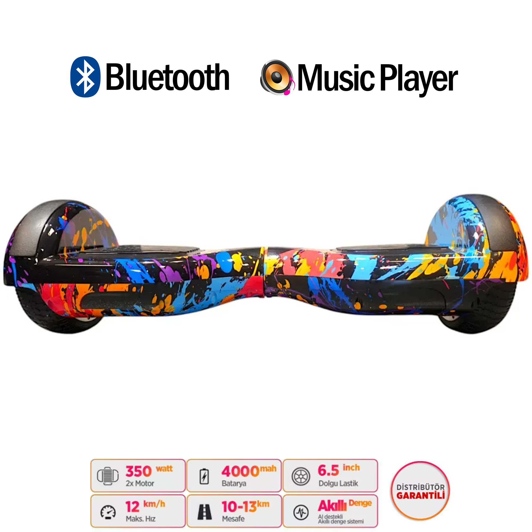 Renkli boya sıçramalarına sahip hoverboard. Bluetooth ve Müzik Çalar.