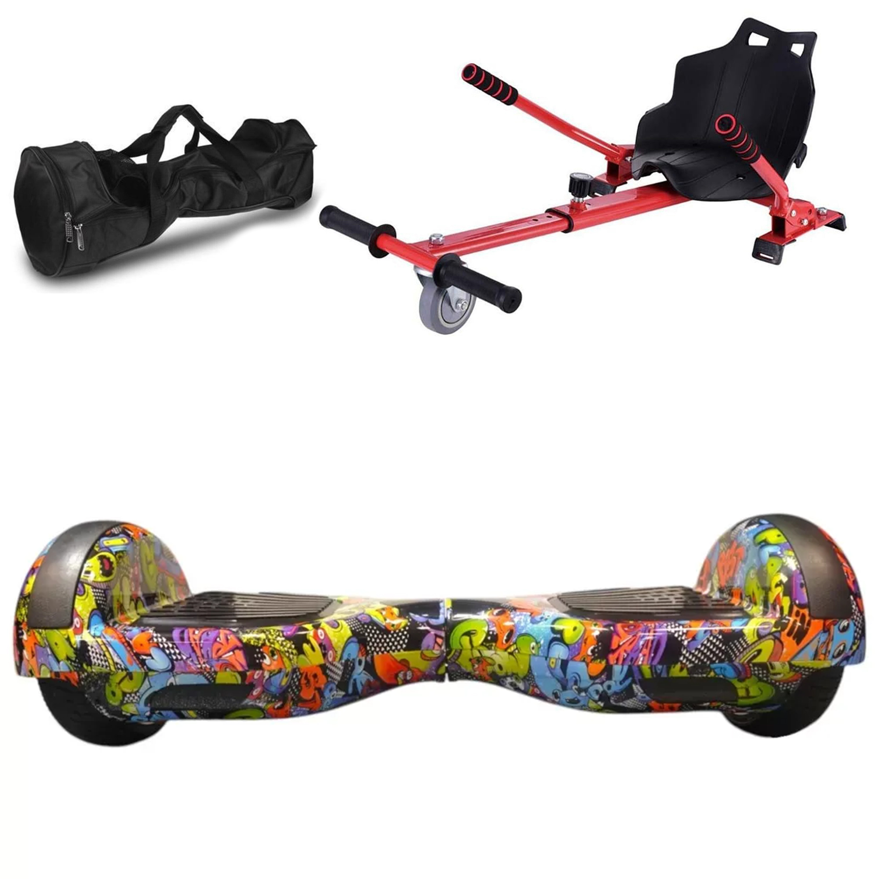 Graffiti desenli hoverboard, siyah çanta ve kırmızı go-kart aparatı.