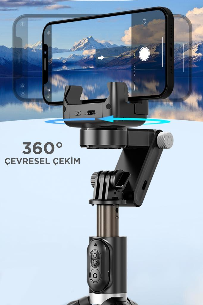 Bir akıllı telefon, bir tripoda monte edilmiş gimbal dengeleyici tarafından tutuluyor.