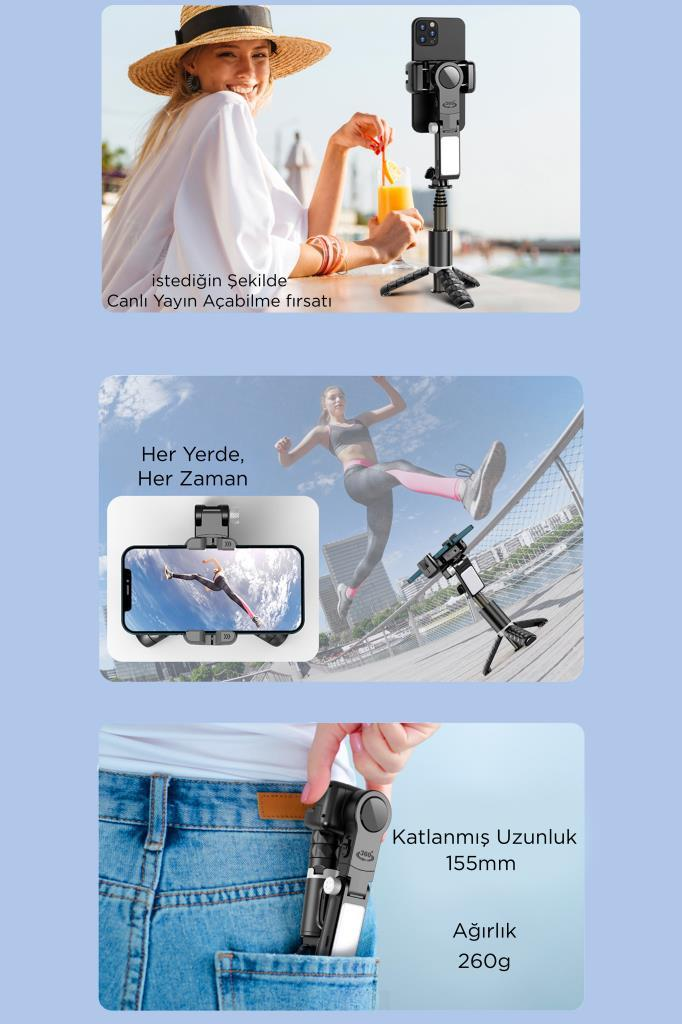 Sahilde içecekli, telefon tripodlu kadın. Tripodlu koşucu. Kot pantolonda katlanmış tripod.