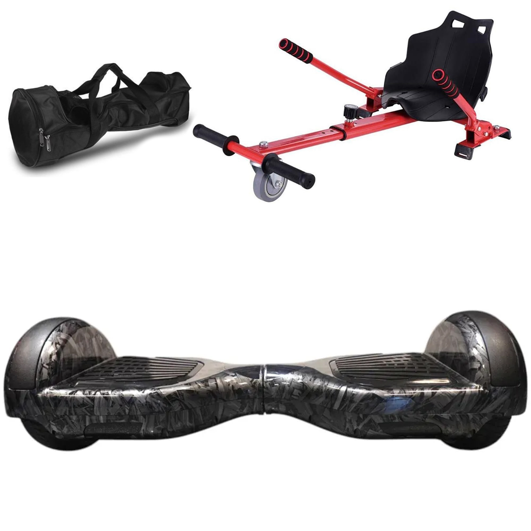 Siyah hoverboard çantası, kırmızı hoverboard aparatı ve siyah hoverboard.