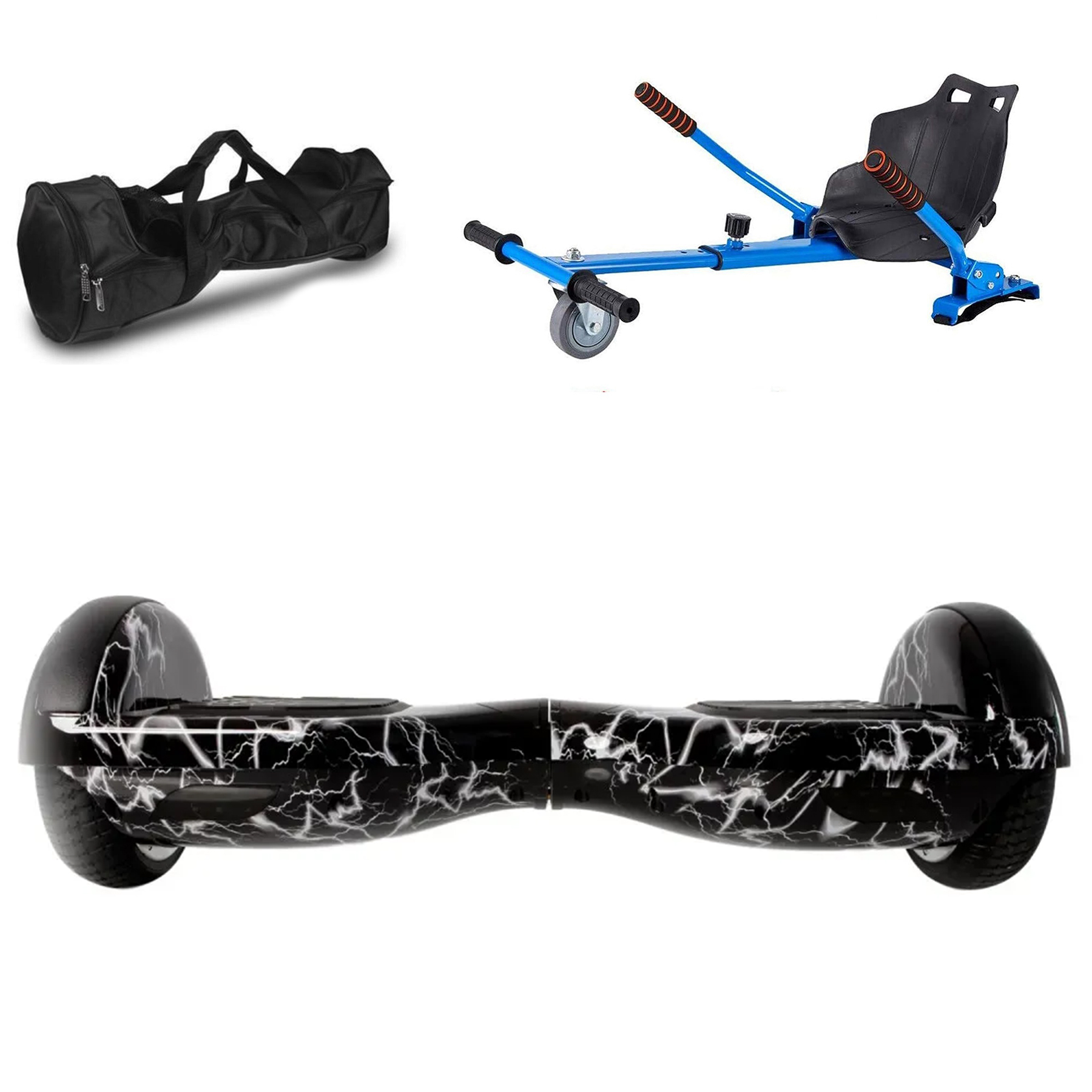 Siyah hoverboard taşıma çantası, mavi go-kart aparatı ve hoverboard.