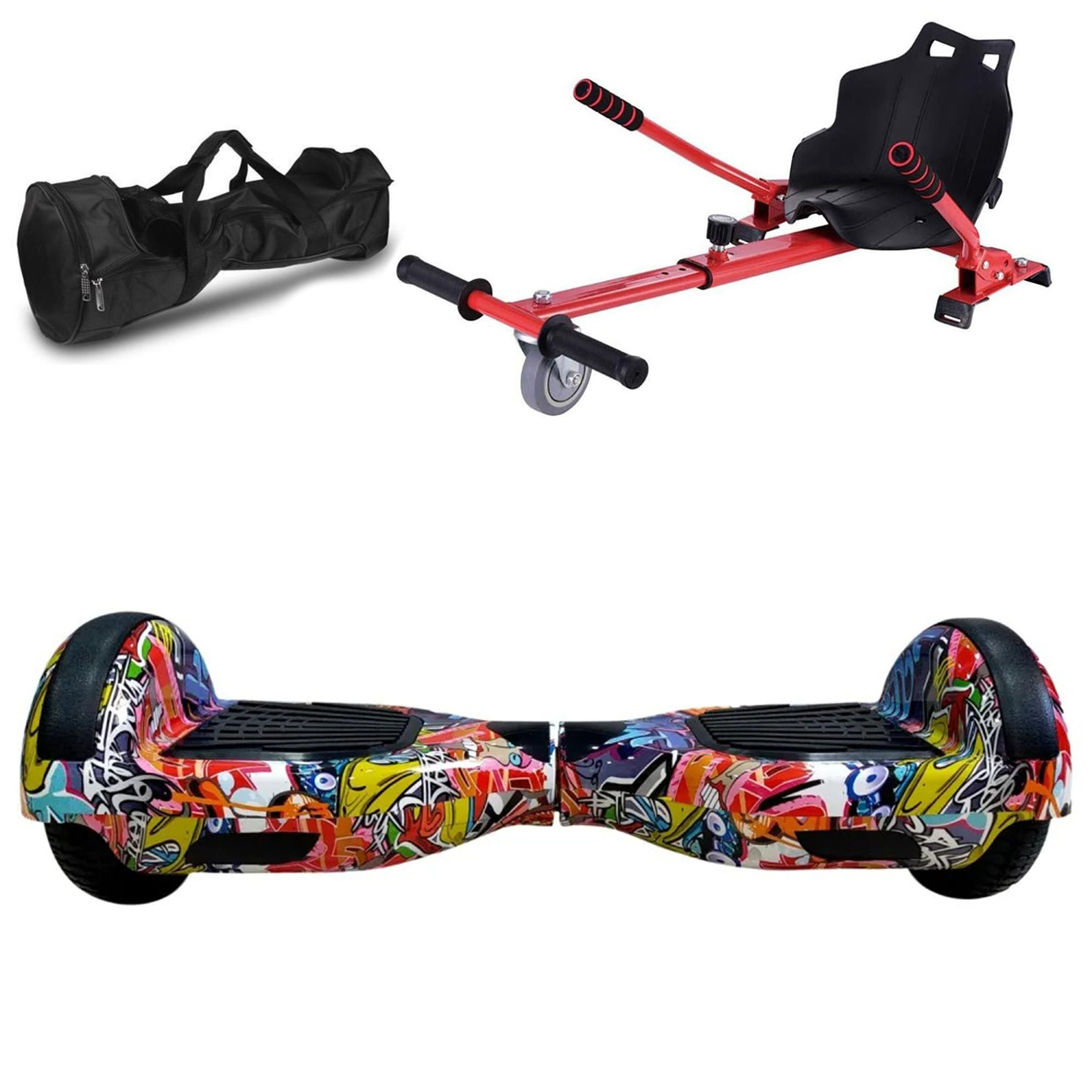 Graffiti desenli hoverboard, siyah taşıma çantası ve kırmızı go-kart aparatı.