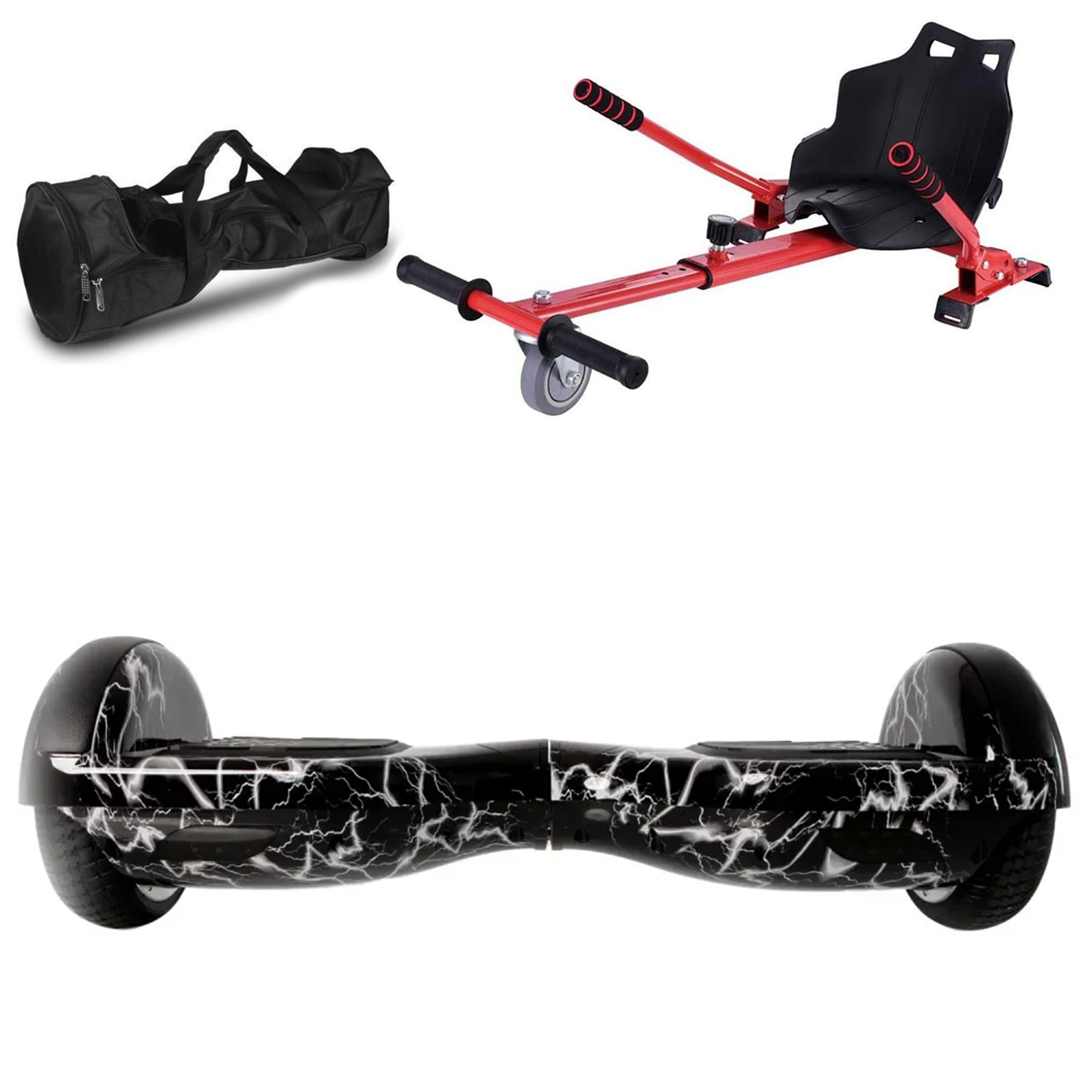 Siyah hoverboard çantası, kırmızı go-kart aparatı ve şimşek desenli siyah hoverboard.