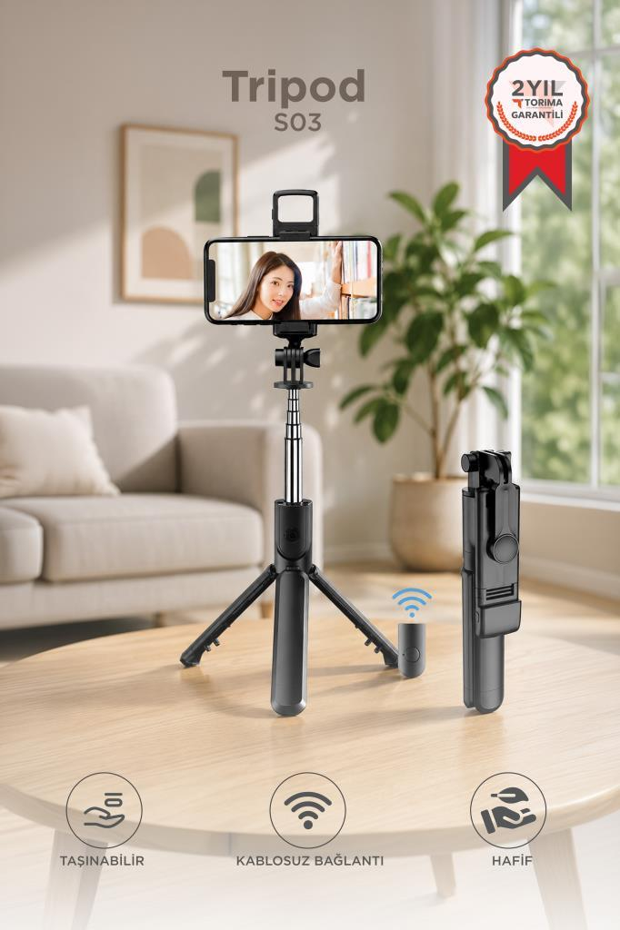 Oturma odası ortamında uzaktan kumandalı bir tripod üzerinde akıllı telefon.