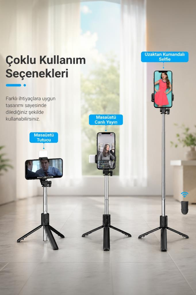 Üç selfie çubuğu tripod ile farklı kullanımları gösterir: masaüstü tutucu, canlı yayın ve uzaktan selfie.
