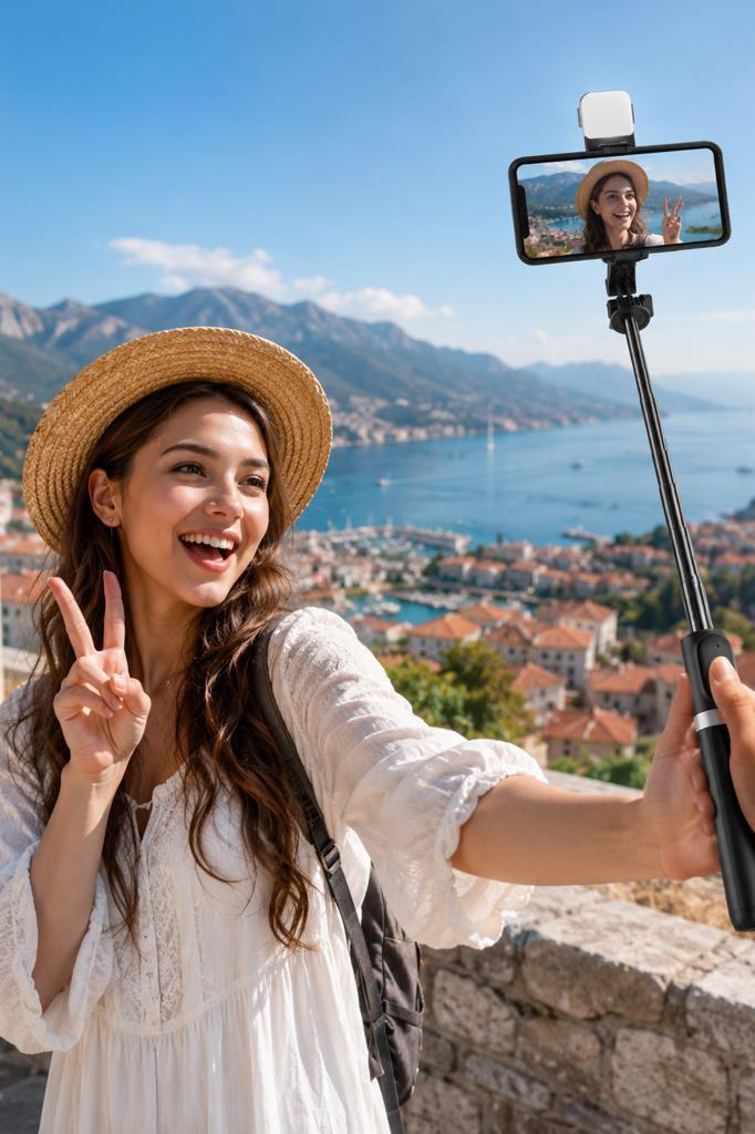 Hasır şapkalı kadın, selfie çubuğunda telefonla selfie çekiyor, şirin sahil kasabası.