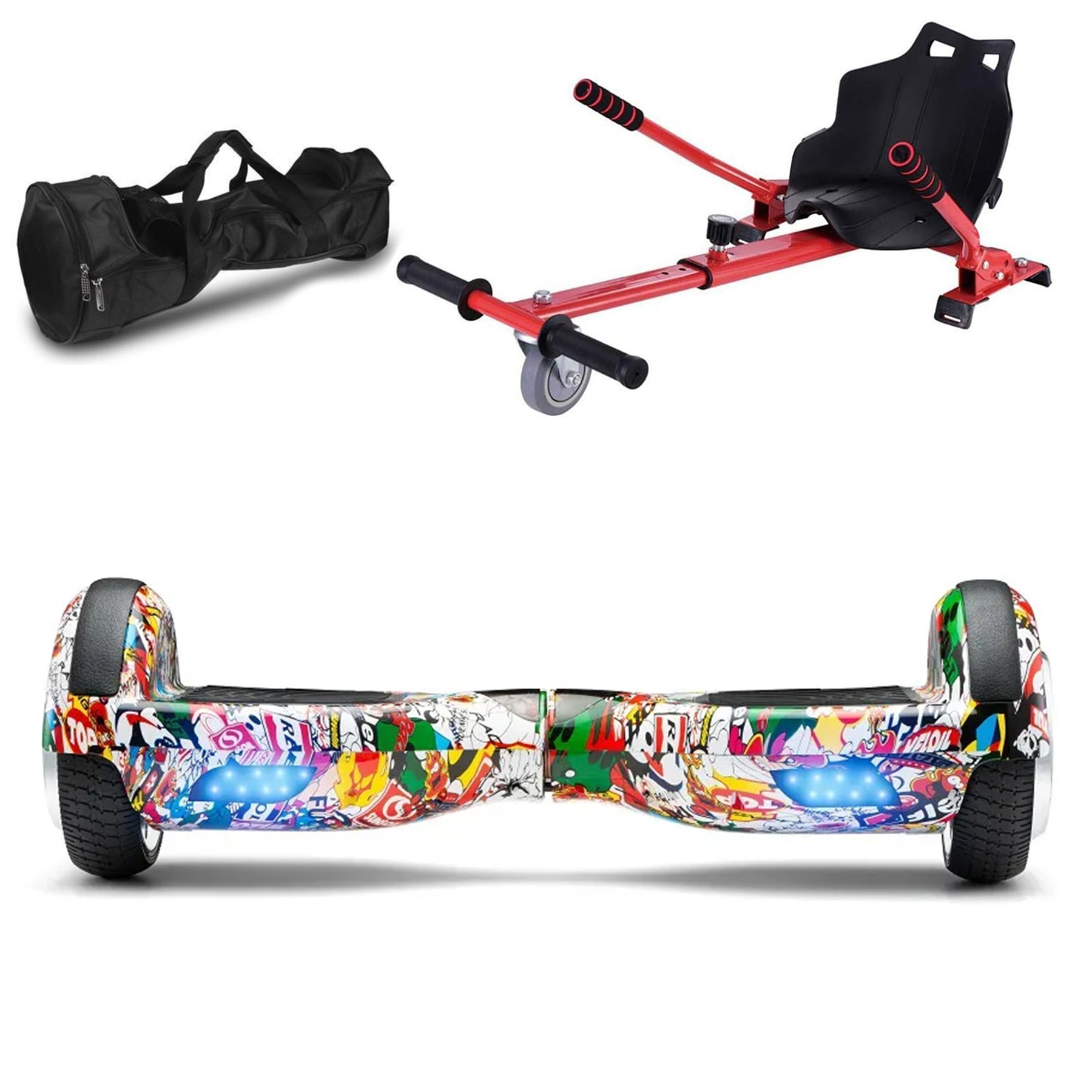Beyaz zeminde aparatlı ve çantalı hoverboard.
