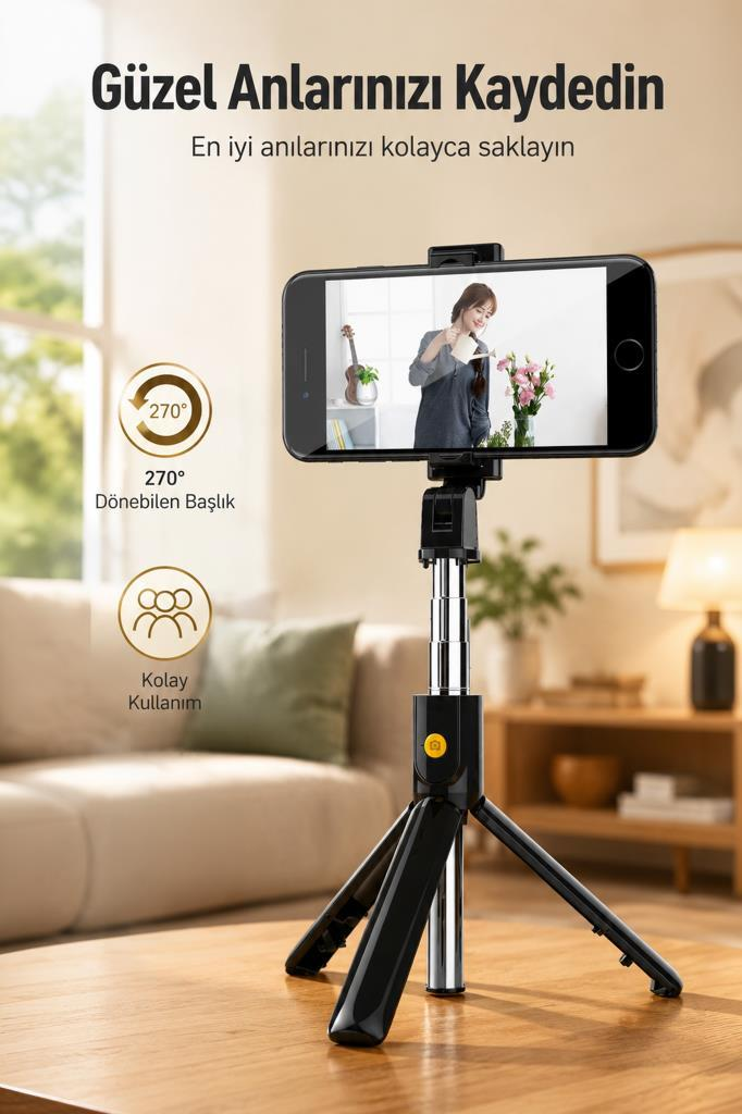 Siyah selfie çubuğu, çiçek sulayan bir kadını gösteren bir telefon tutuyor.