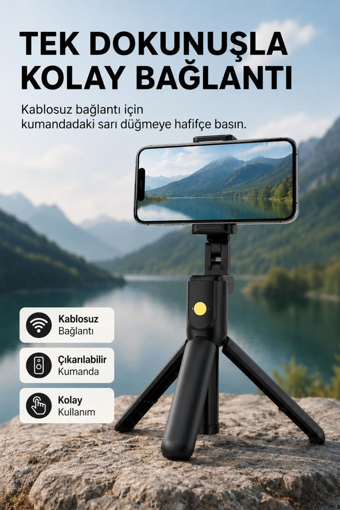 Dağ gölü manzarasında tripod üzerinde akıllı telefon.