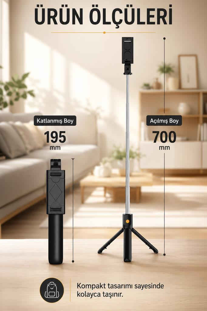 Telefon tutuculu selfie çubuğu, katlanmış (195mm) ve açılmış (700mm) halde.