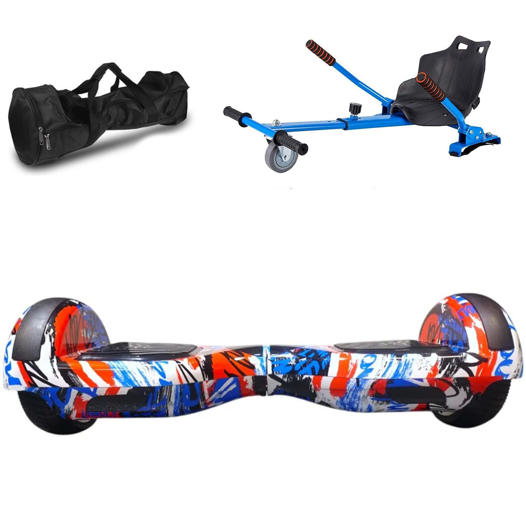 Graffiti tasarımlı hoverboard, çanta ve go-kart aparatı.