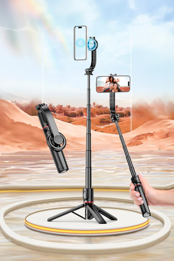 Açılmış bir tripod ve fotoğraf gösteren bir akıllı telefonla siyah selfie çubuğu.