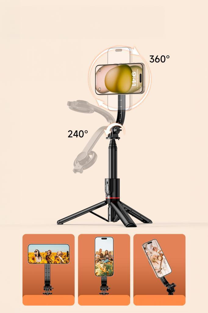 240° ve 360° dönen telefon tutuculu siyah selfie çubuğu tripod.