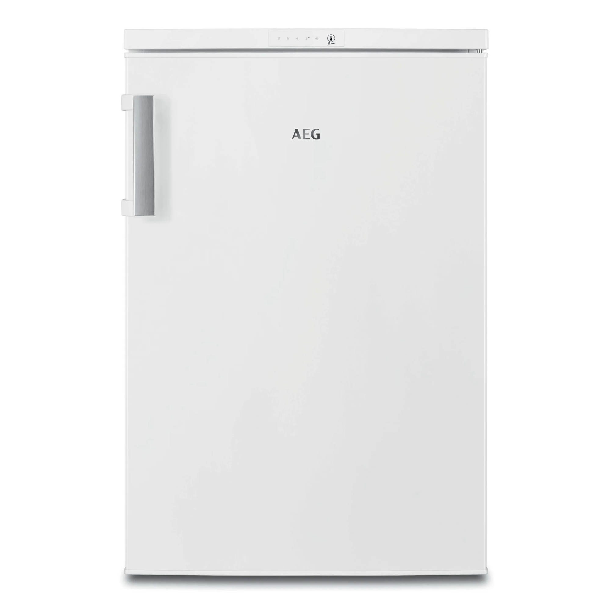 Un frigorífico blanco AEG con tirador plateado y panel de control arriba.