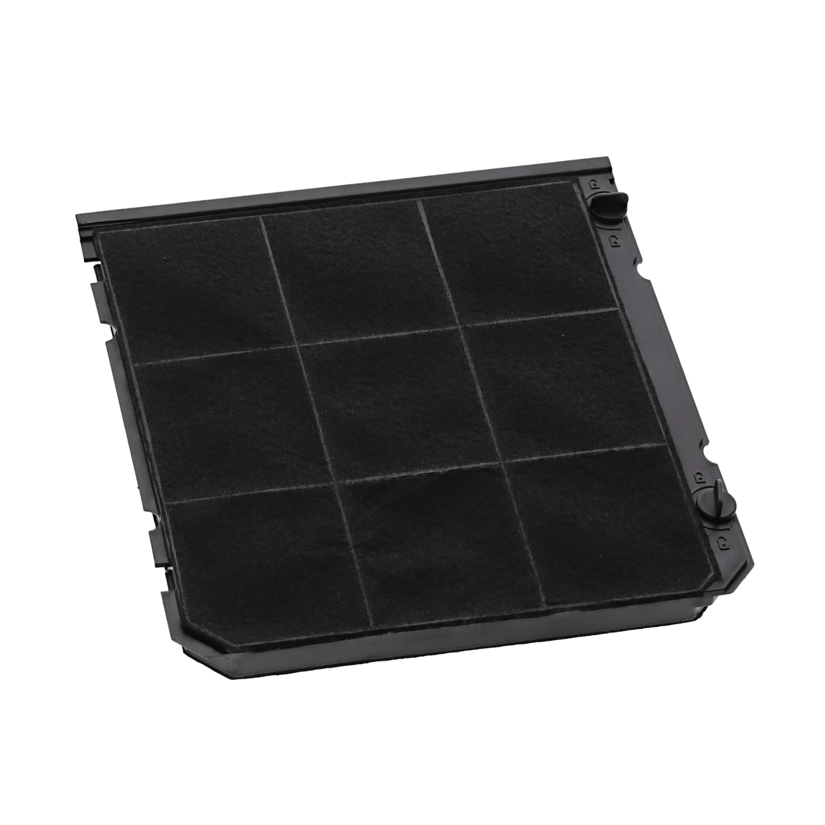 Un filtro rettangolare a carbone attivo con cornice nera e motivo a griglia.