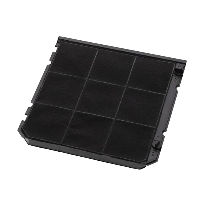 Un filtro rettangolare a carbone attivo con cornice nera e motivo a griglia.