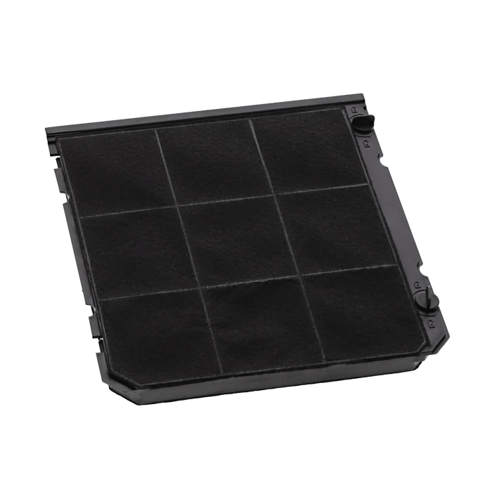 Un filtro a carboni attivi rettangolare con cornice nera e motivo a griglia.