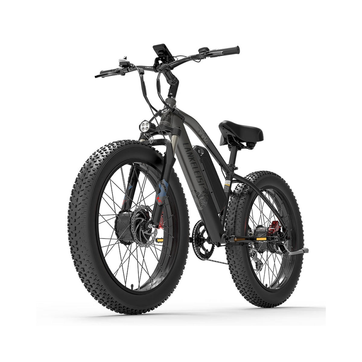 Una bicicleta eléctrica negra con ruedas anchas y pantalla digital en el manillar.