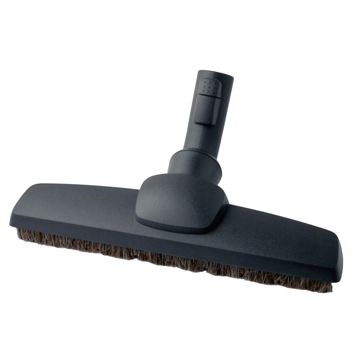 Buse d'aspirateur gris foncé avec poils sur fond blanc.