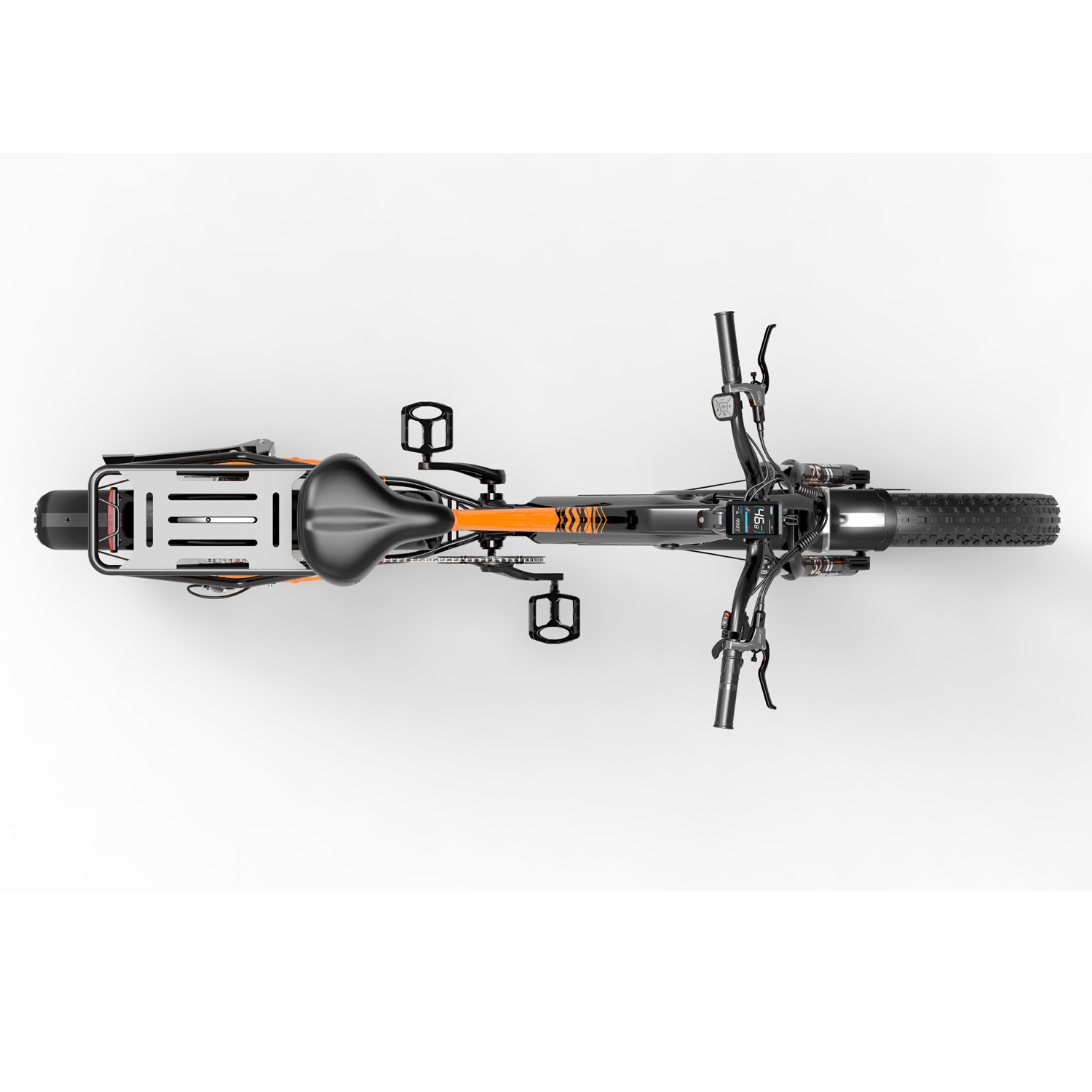 Vista superior de una bicicleta eléctrica negra y naranja con neumáticos anchos y portaequipajes.