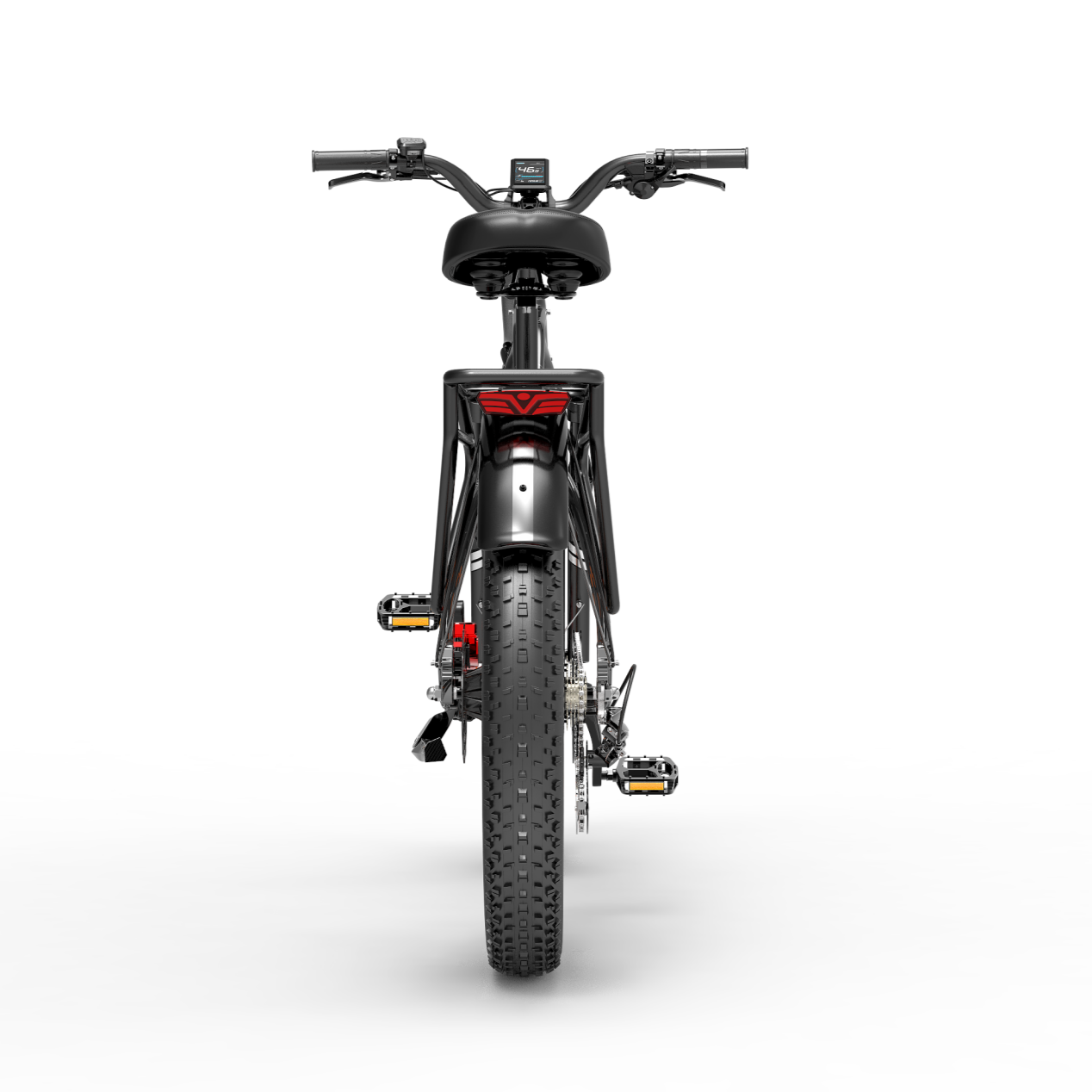 Vista trasera de una e-bike negra con neumáticos anchos, asiento y manillar.