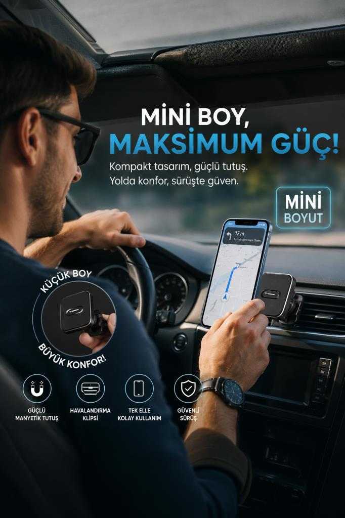 Navigasyonlu telefon tutucu kullanan erkek. "Mini Boy, Maksimum Güç".