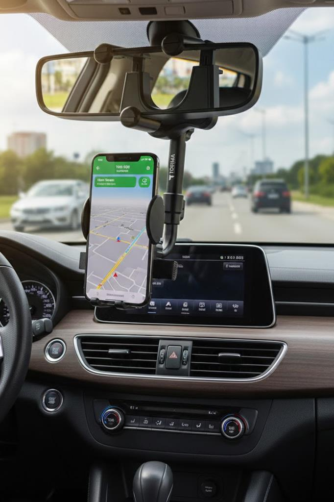 Navigasyon gösteren telefon tutuculu araç paneli, ileriye bakış.