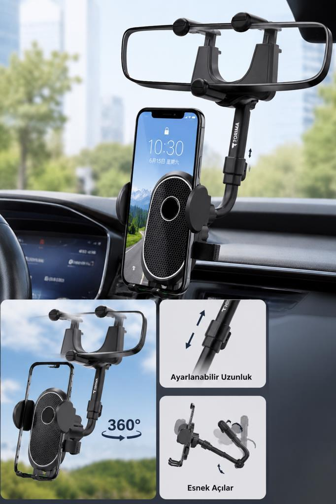 Araba telefon tutucu dikiz aynasına takılı, ayarlanabilir kol ve 360 derece dönebilir.