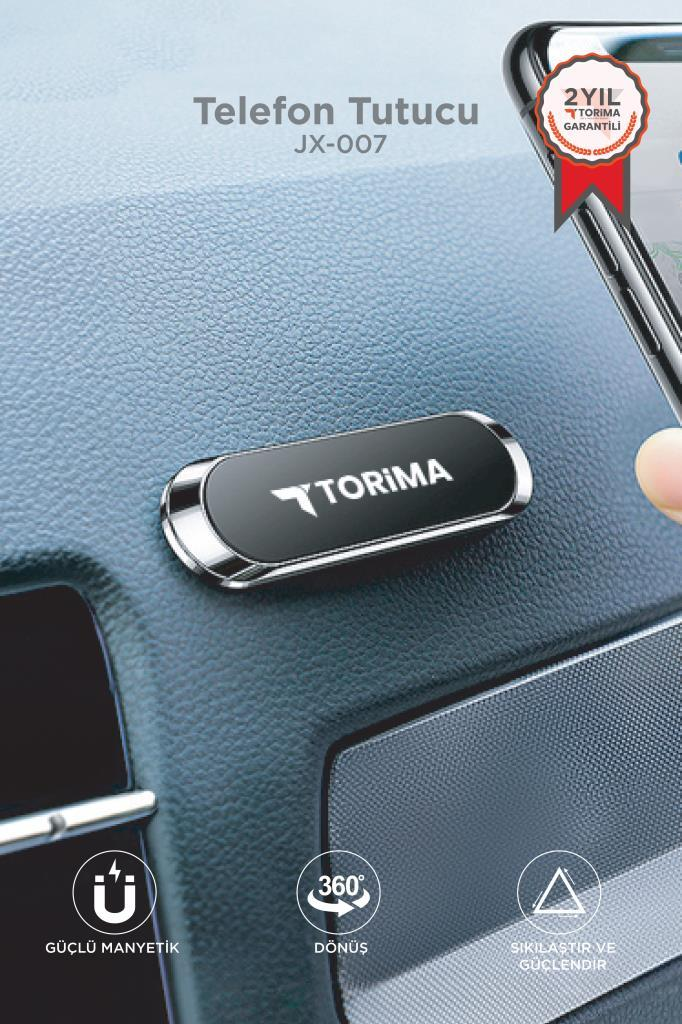Mavi bir gösterge panelinde gümüş vurgulara sahip siyah Torima telefon tutucu.