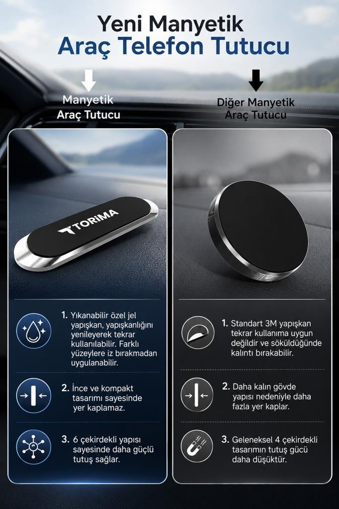 İki manyetik araç telefonu tutucu, biri ince ve yıkanabilir, diğeri daha kalın.