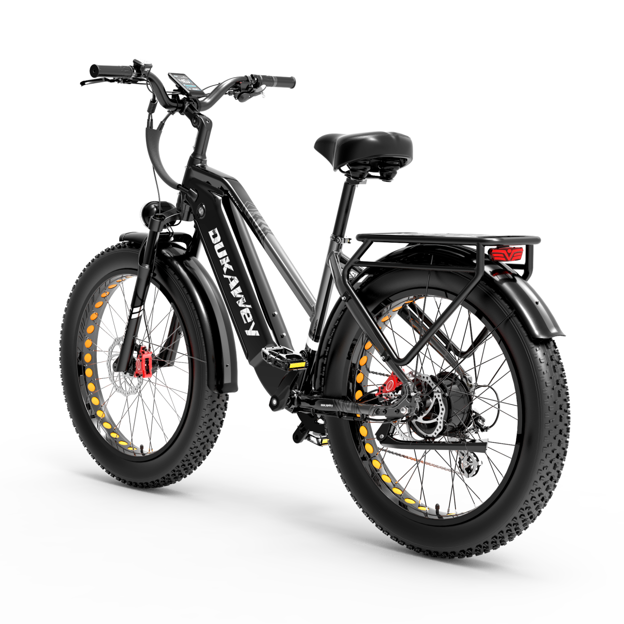 Bicicleta eléctrica negra de llantas anchas con portaequipajes y pantalla.