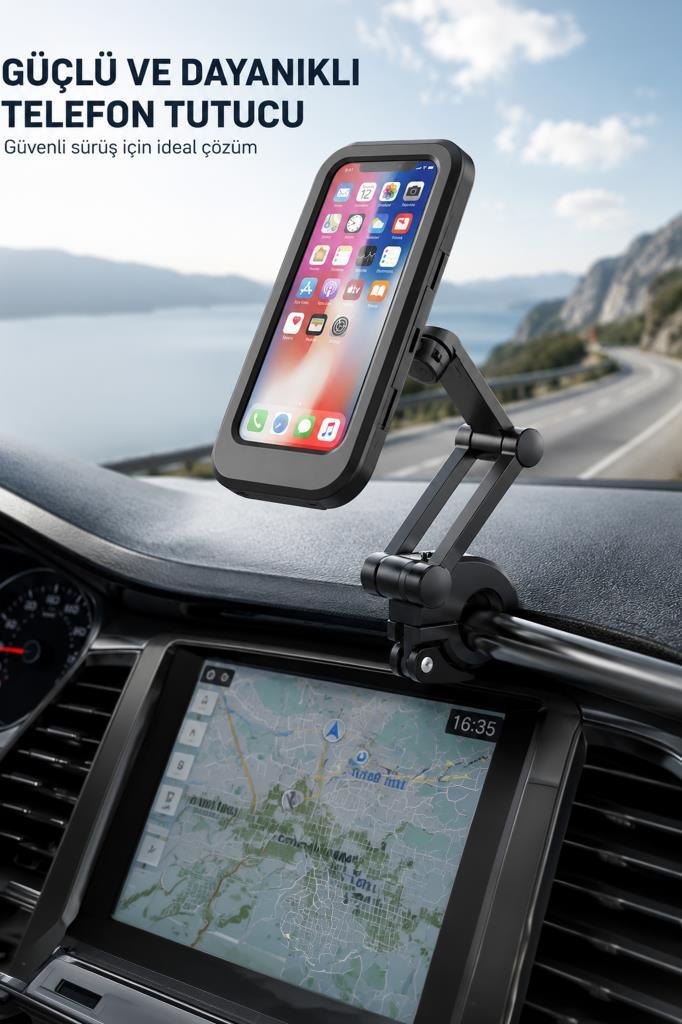 Navigasyon ekranlı, dağ manzaralı araç telefonu tutucu.